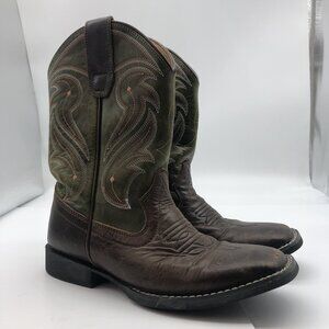 RANK 45 kids Kasey Western Boot Size 3 Broad Square Toe Leather brown green